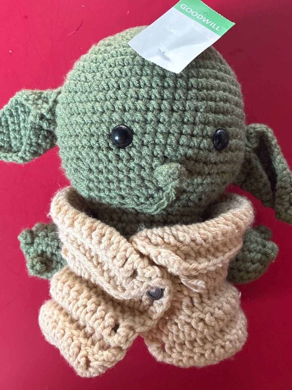 433.          Handmade Crocheted Green Baby Yoda Doll with Tan Scarf